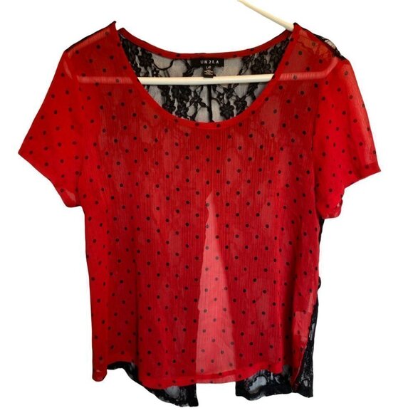 𝅺💜U K 2 L A Summer Top, Red Dotted Top, Sz L, Lacy - Picture 3 of 7